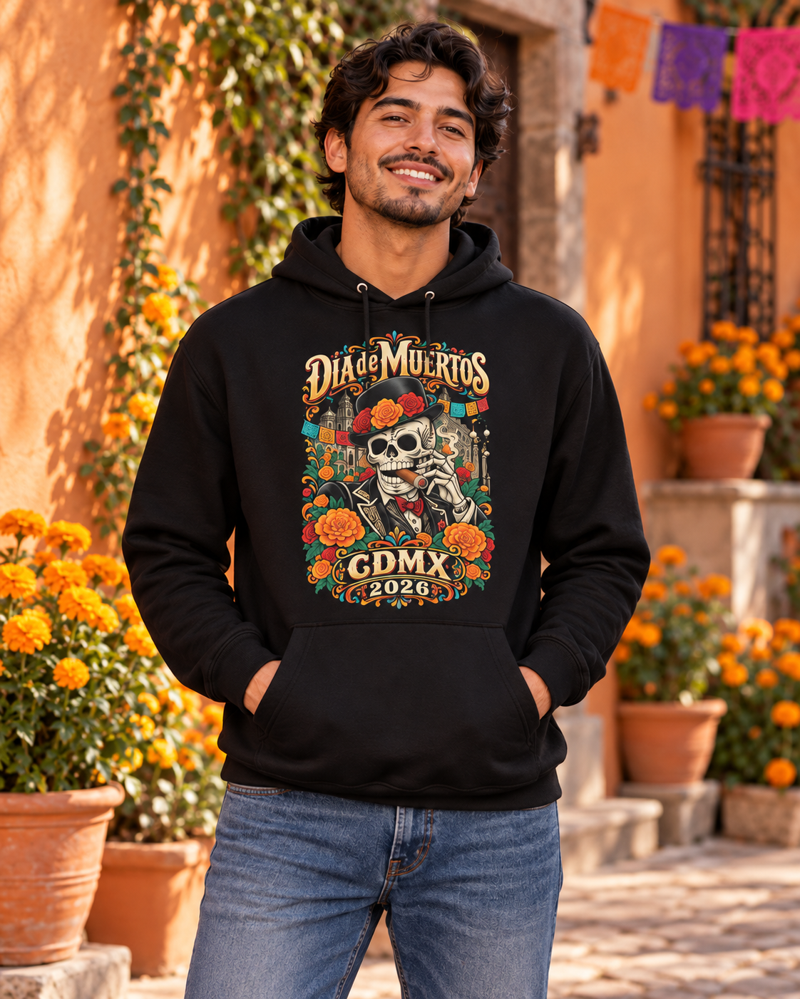 A man wearing a black pullover hoodie with a colorful Day of the Dead (Día de los Muertos) graphic featuring a skeleton and marigolds, standing outdoors in front of a warm-toned wall with potted orange flowers.