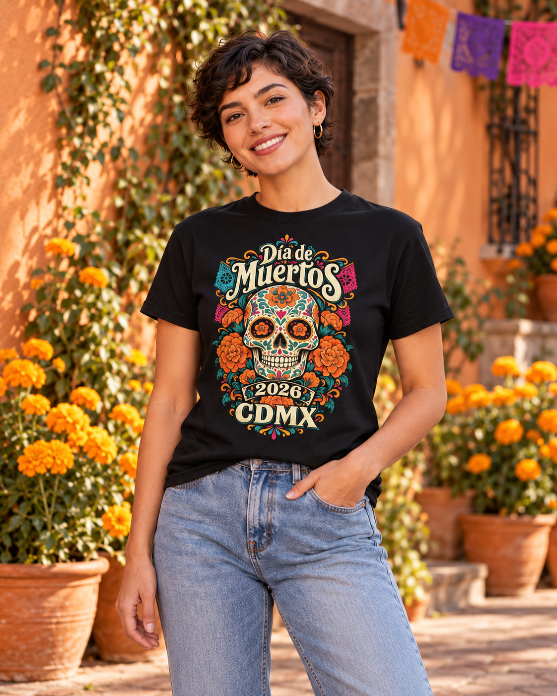A woman wearing a black graphic t-shirt with a colorful 'Dia de Muertos 2026 CDMX' sugar skull design, paired with light blue jeans, standing in front of a warm-toned wall with potted orange marigolds.